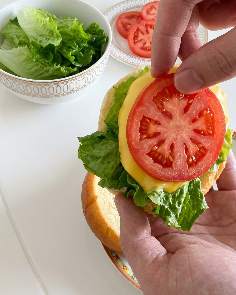 Une main déposant une tranche de tomate bien rouge sur le fromage fondu du burger.