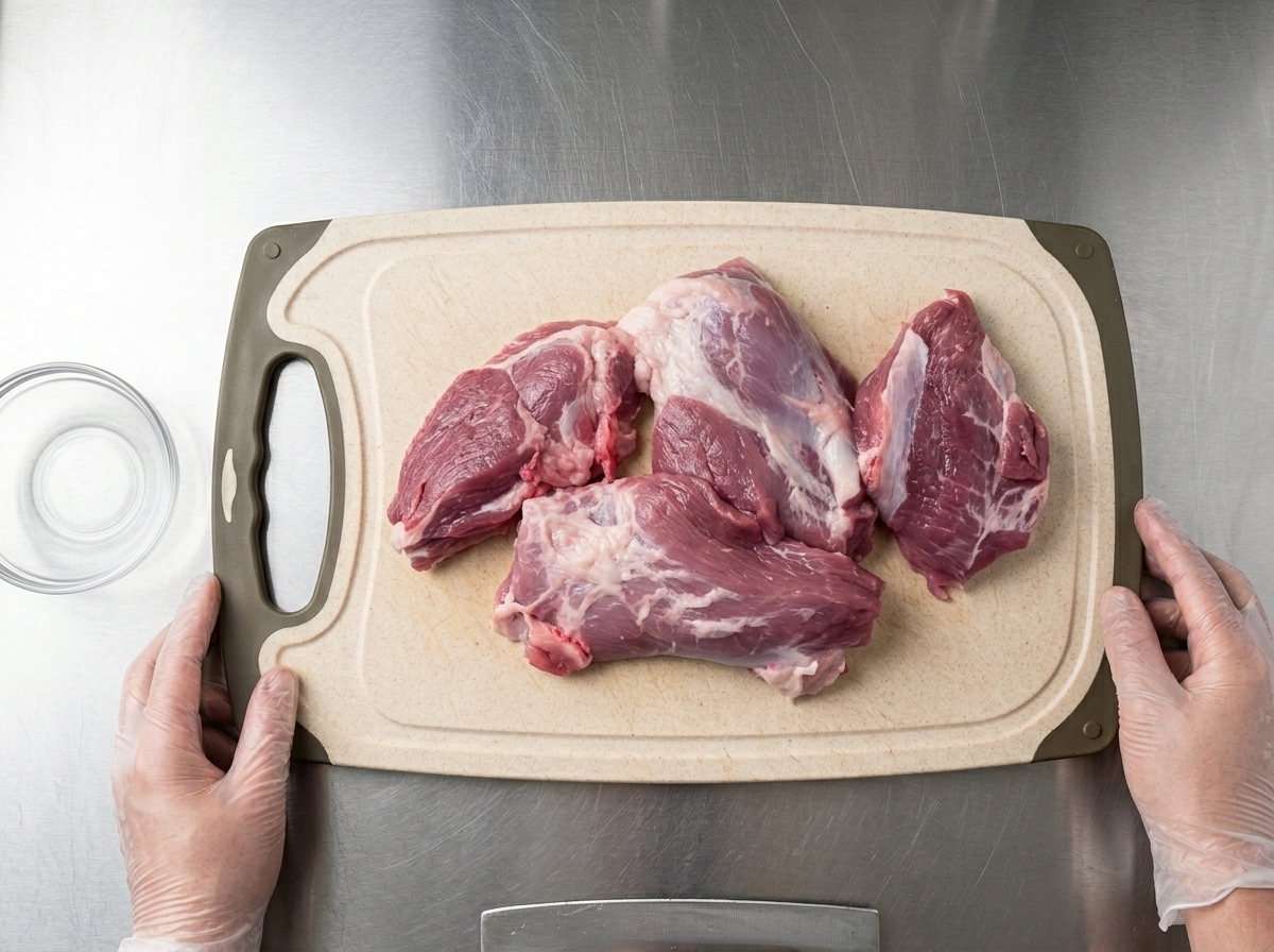 Des mains utilisent un couteau de chef pour couper un gros morceau de porc cru en petits dés sur une planche à découper claire.