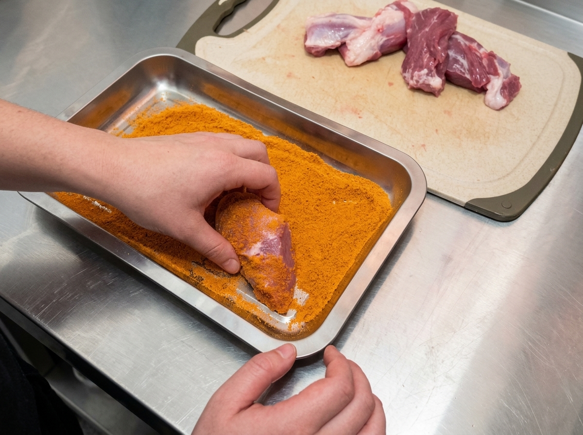 Une main presse un morceau de porc cru dans un plateau en métal rempli dépices cajun orange vif pour lenrober.