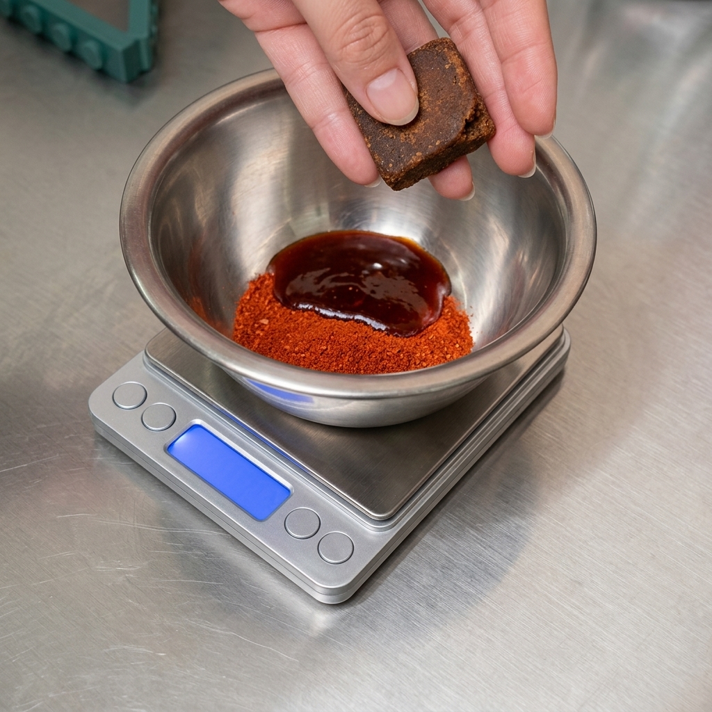 Un bol en métal posé sur une balance numérique contenant une petite montagne de poudre de piment rouge, une flaque de sauce sombre et des morceaux de cassonade.