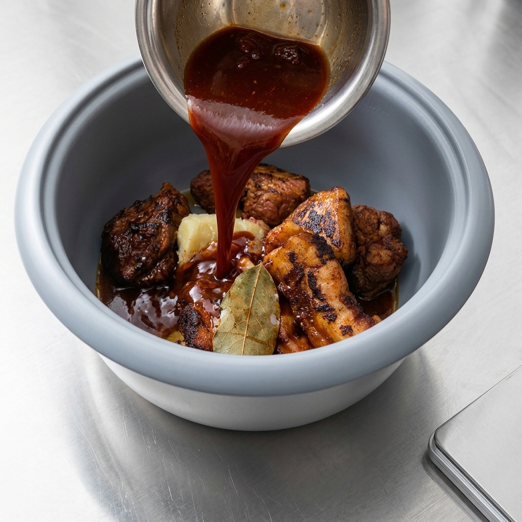 Une sauce sombre mélangée est versée depuis un petit bol en métal sur les morceaux de porc dorés et les aromates à lintérieur de la cuve du cuiseur à riz.