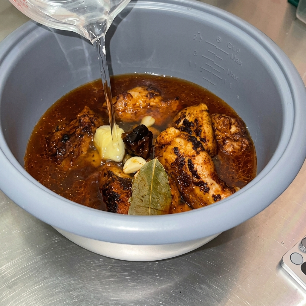 De leau claire est versée depuis un verre doseur dans une cuve de cuiseur à riz remplie de porc doré, daromates et dune sauce brune à braiser.