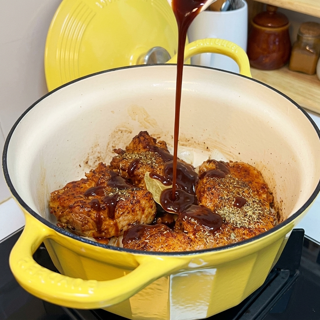Sauce barbecue sombre versée dune bouteille dans une cocotte jaune sur le porc et les oignons.