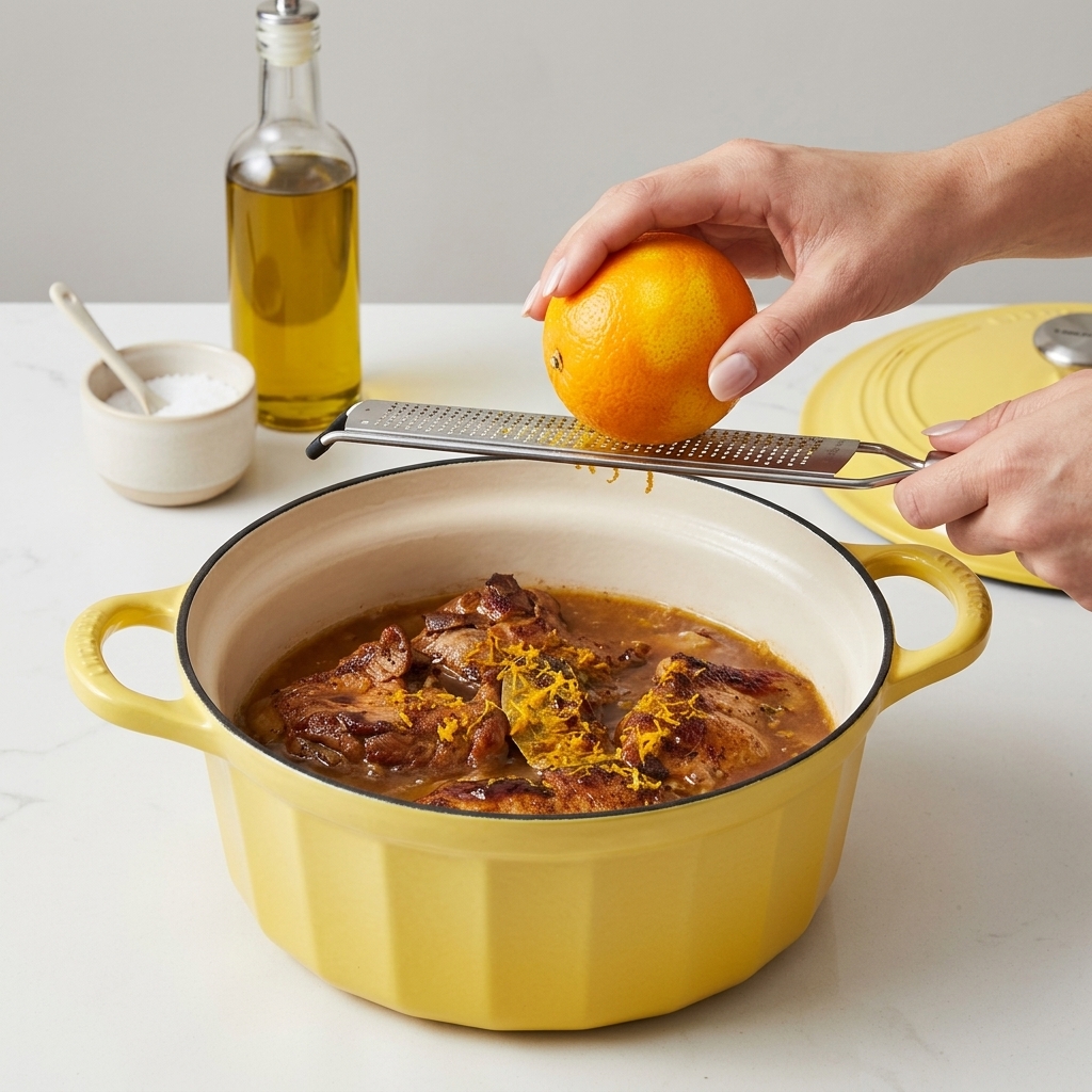 Personne utilisant une râpe microplane pour râper du zeste dorange frais sur une cocotte de porc qui mijote.