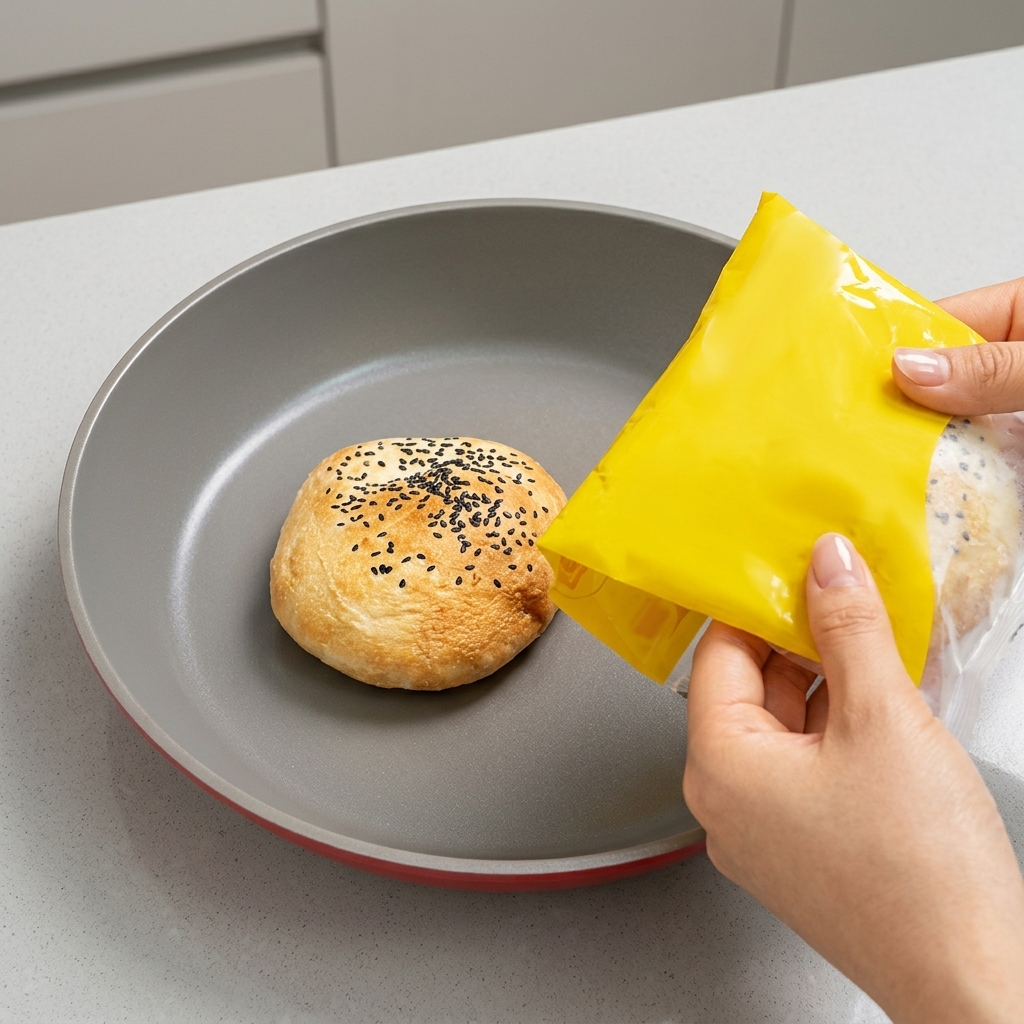 Trois pains à burger aux graines de sésame noir dorés dans une poêle.