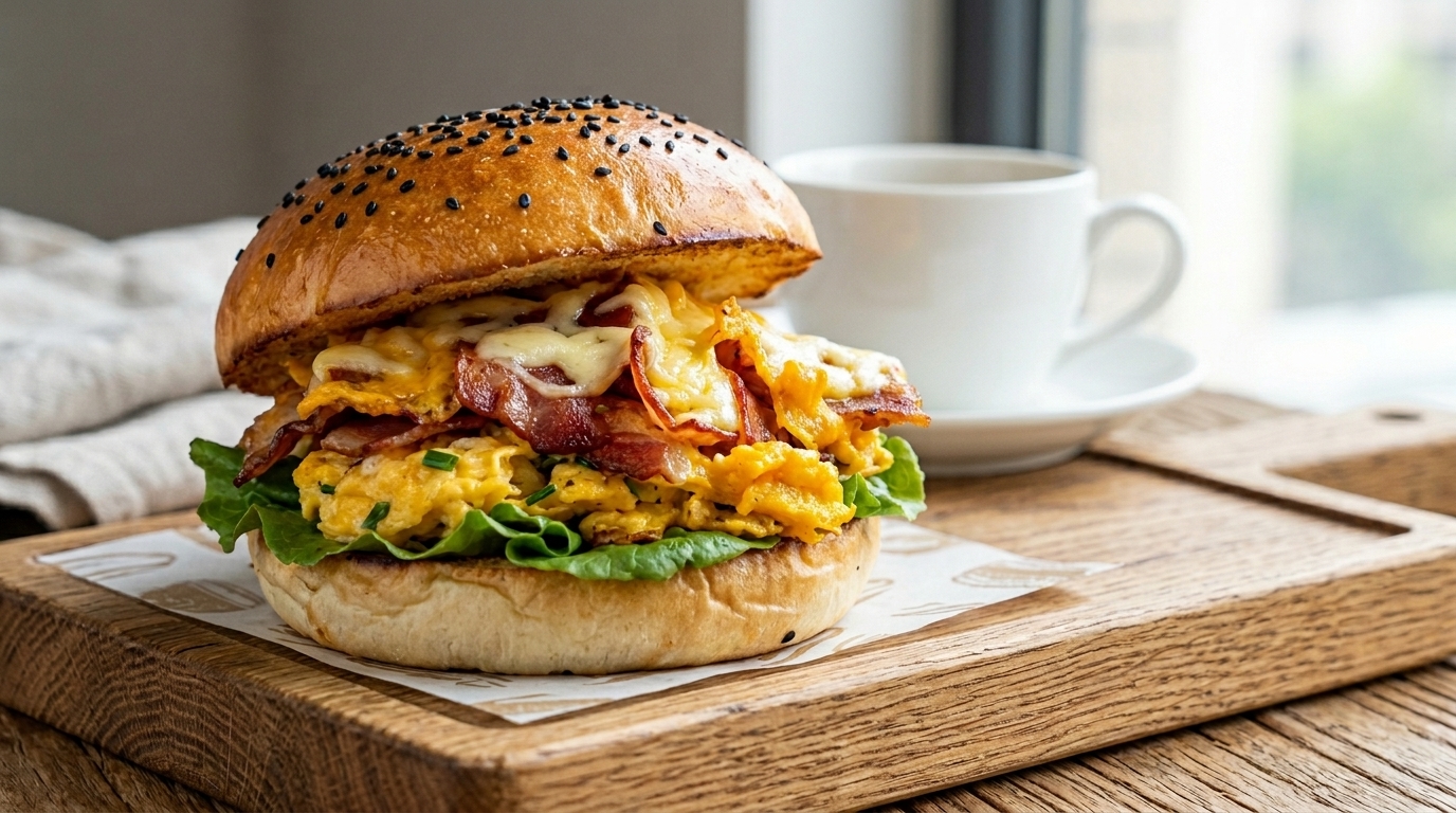 Burger Rapide au Bacon et Œufs Brouillés pour le Petit-Déjeuner