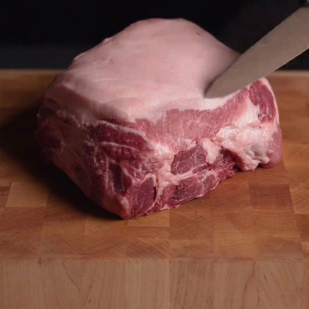 Un couteau bien aiguisé incise le gras dune grosse pièce de porc crue sur une planche en bois.