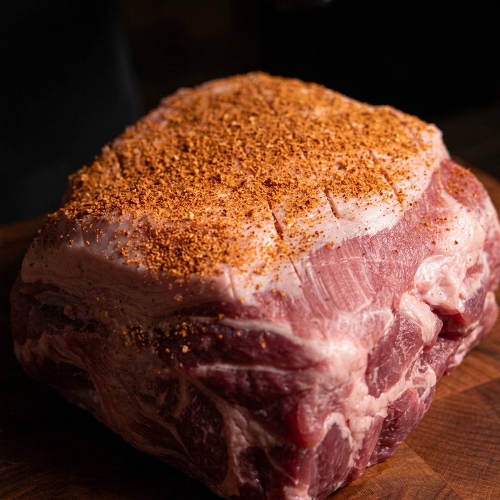 Une épaule de porc crue sur une planche, recouverte dun mélange dépices brun et grossier.