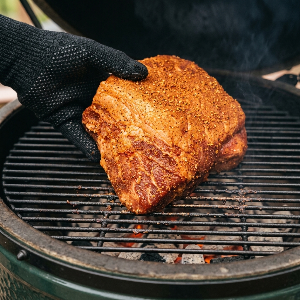 Une personne avec un gant thermique place une grosse pièce de porc sur la grille dun fumoir à charbon.