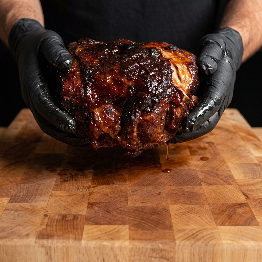 Des mains tiennent une épaule de porc fumée avec une croûte sombre et appétissante au-dessus dune planche.