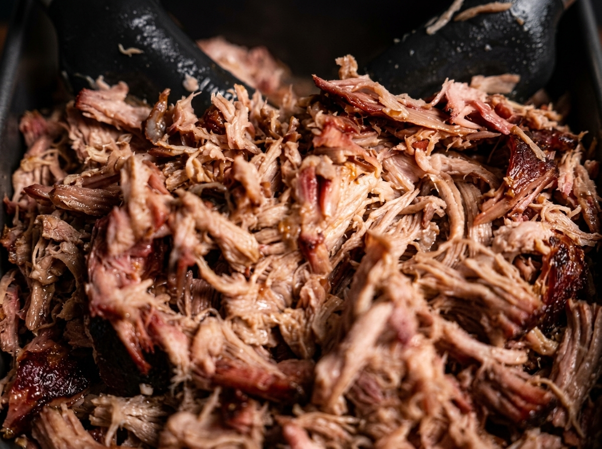 Gros plan sur un plateau rempli de porc effiloché tendre et fumé.