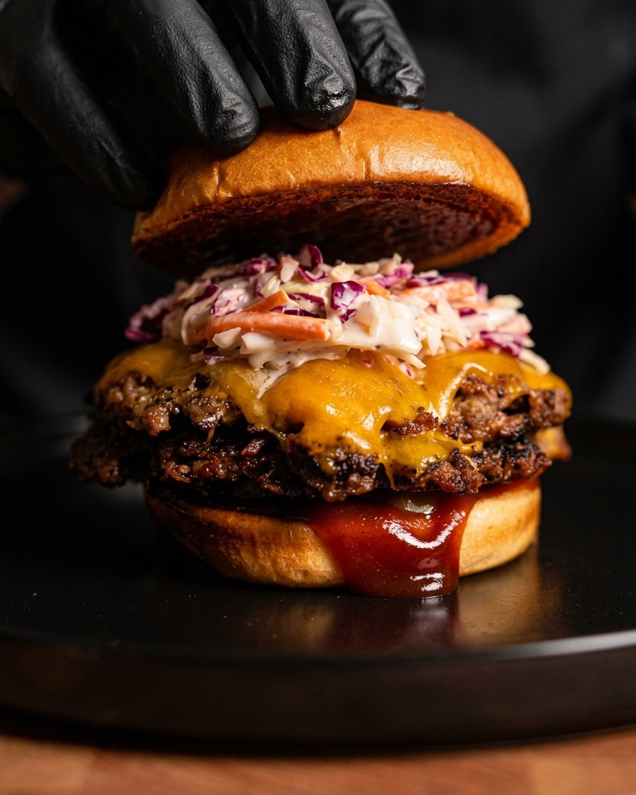 Assemblage final dun burger avec du porc, du fromage et du coleslaw sur un pain brioché.