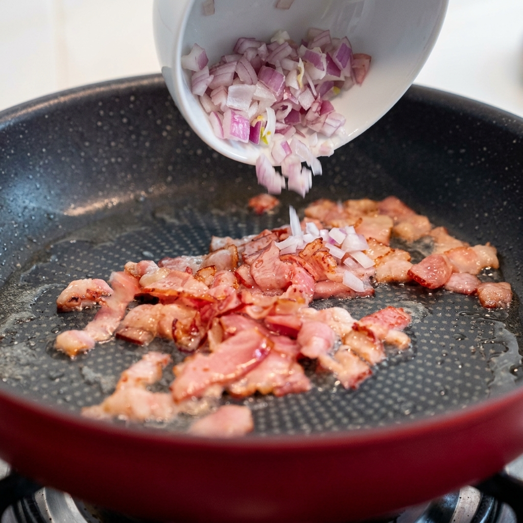 Mélange de champignons, doignons et de bacon sautant dans la poêle.