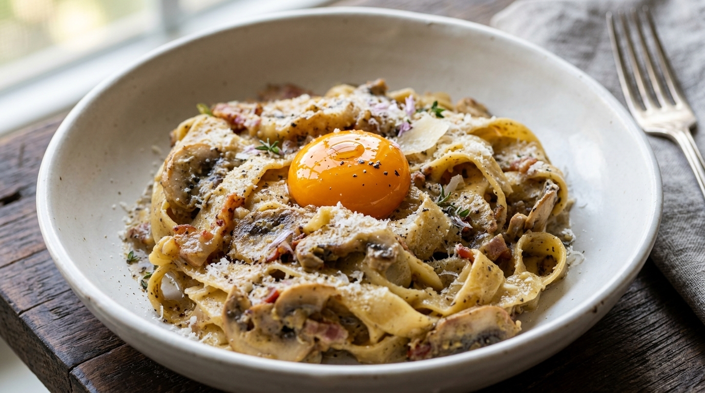 Pâtes crémeuses à la truffe noire et au bacon