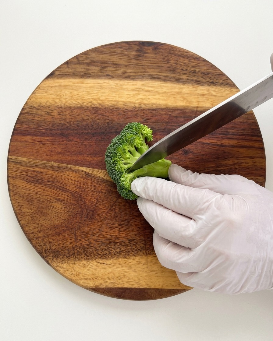 Mains gantées tenant une tête de brocoli vert et la découpant en petits fleurons avec un grand couteau sur une planche en bois ronde.