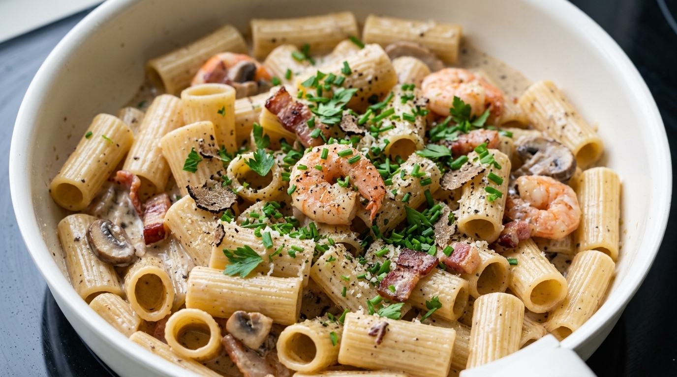 Pâtes crémeuses au bacon, crevettes et truffe noire