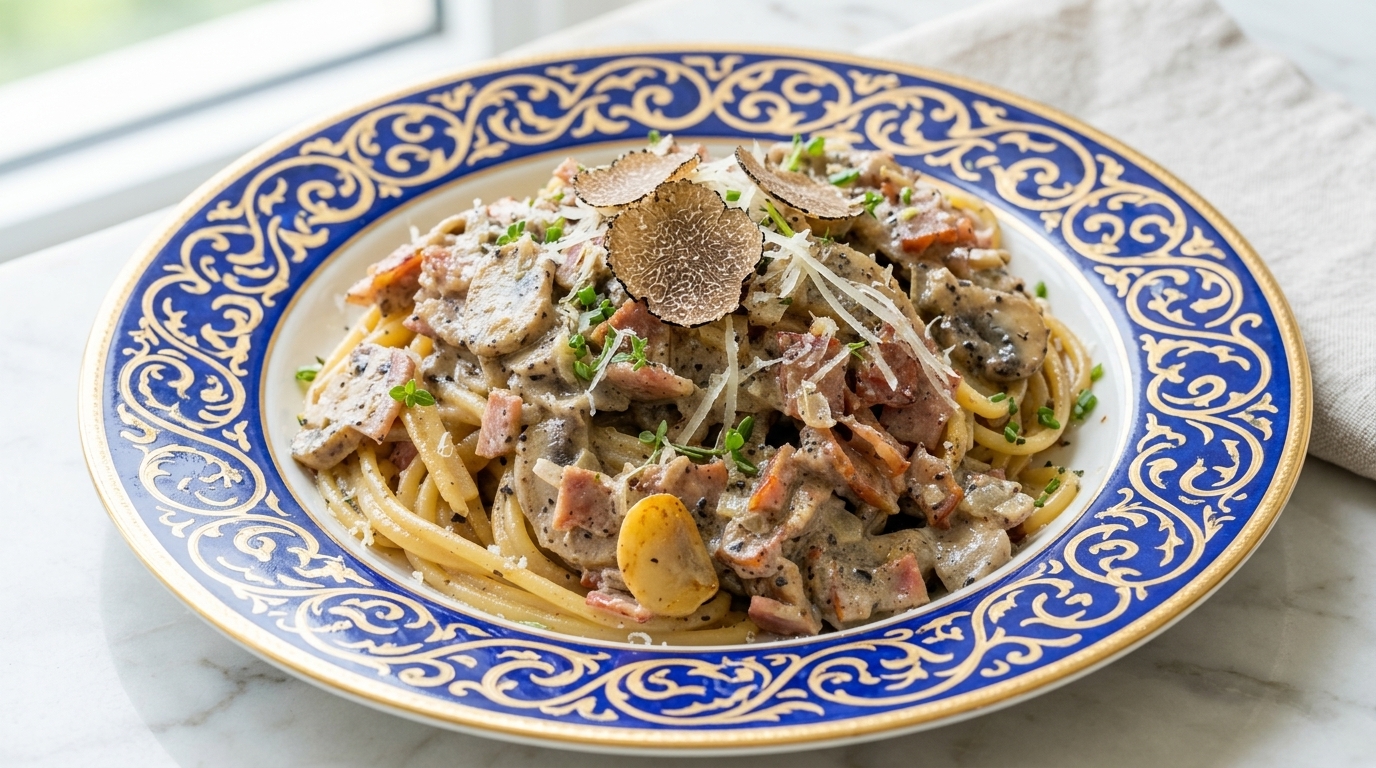Pâtes Crémeuses à la Truffe Noire, Lardons et Champignons