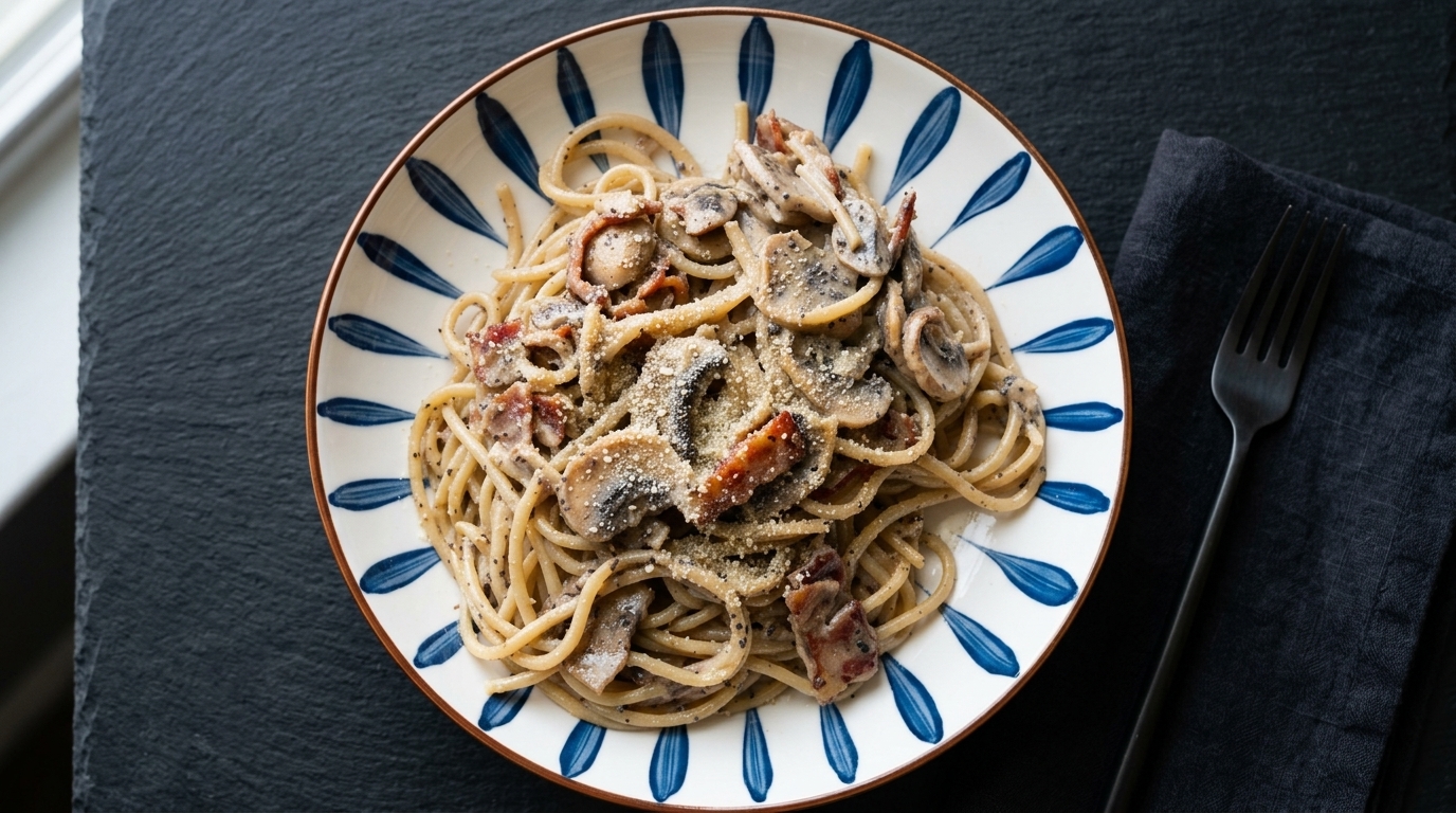 Pâtes crémeuses à la truffe noire, bacon et champignons