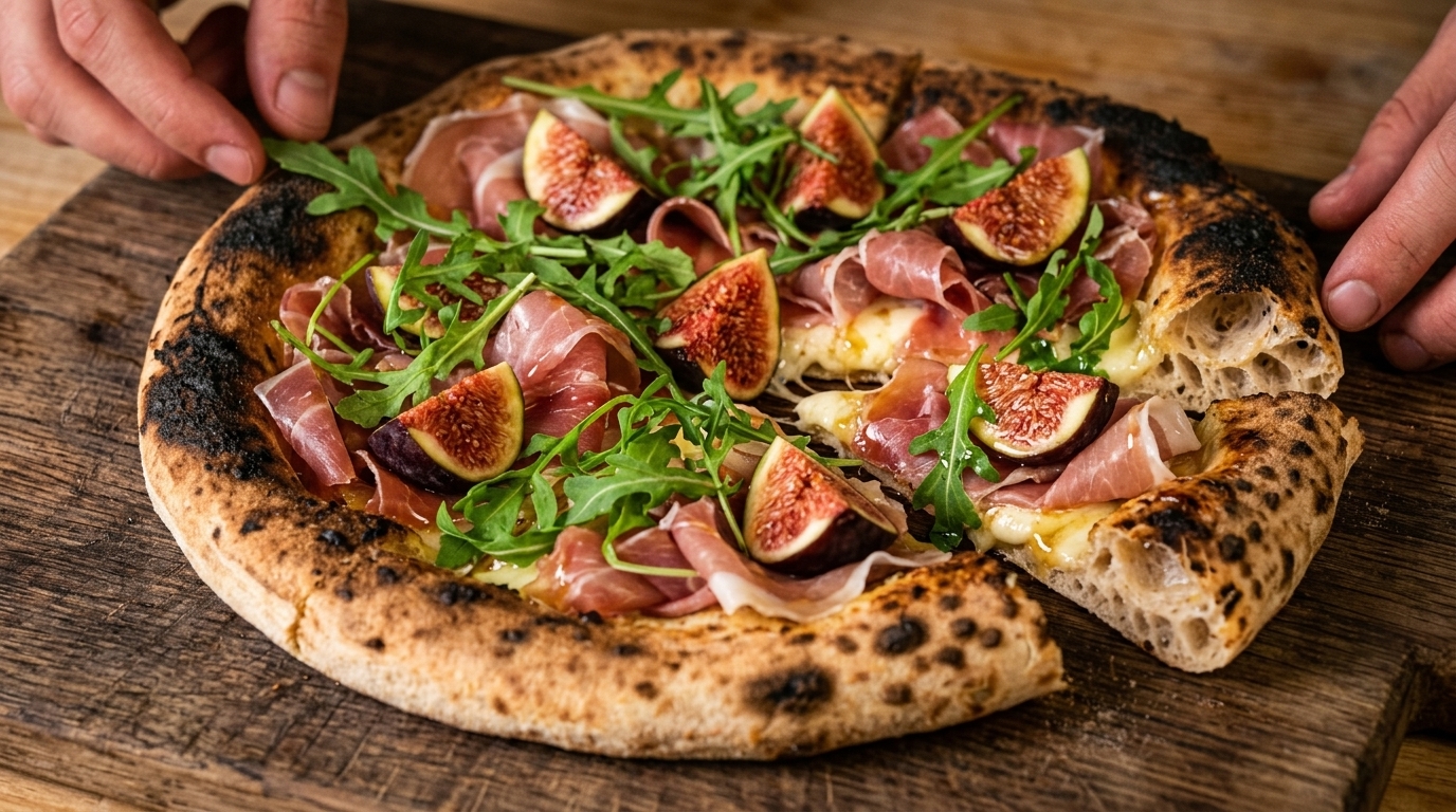 Pizza au Jambon de Parme, Figues et Miel de Chrysanthème
