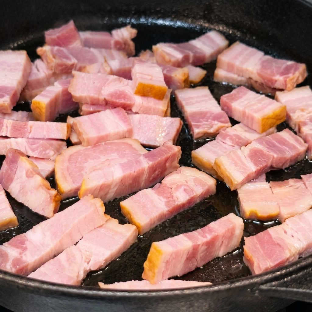Lanières de bacon en train de frire et de rendre leur gras dans une poêle en fonte jusquà ce quelles soient bien dorées.