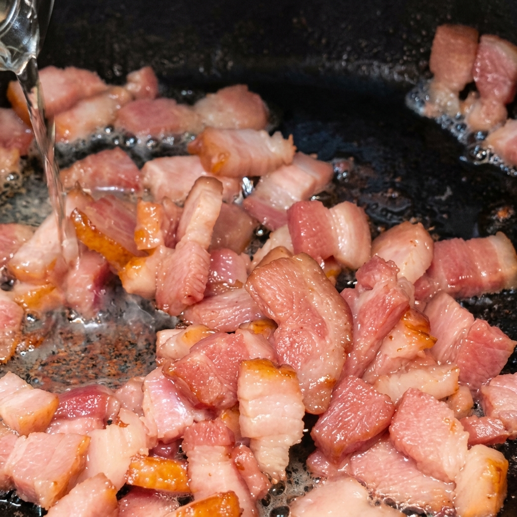 Vin blanc versé sur les lanières de bacon dorées dans une poêle chaude.