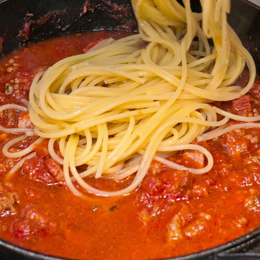 Spaghetti cuits transférés dans une poêle contenant la sauce tomate au bacon bouillonnante.