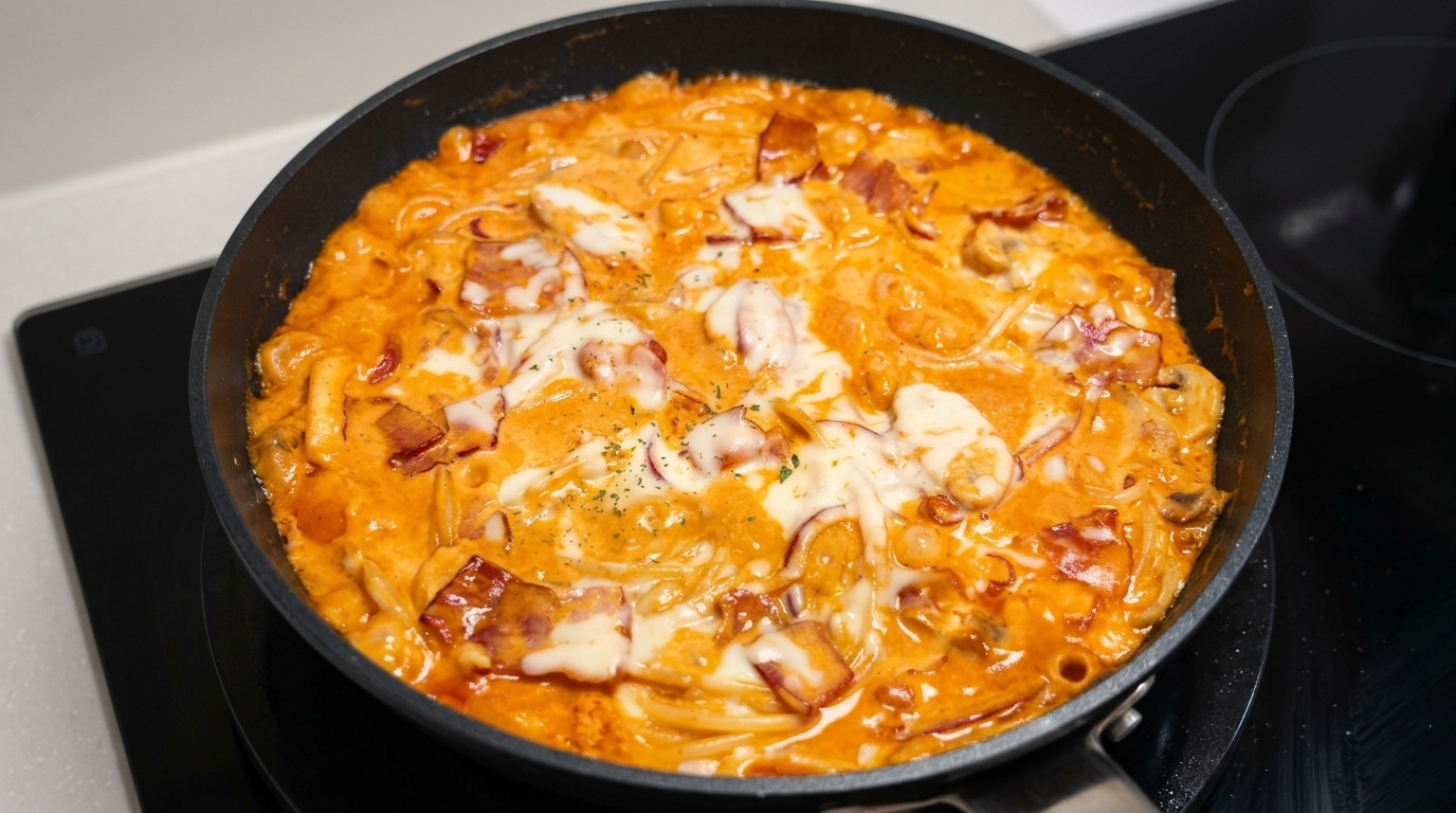 Spaghetti Crémeux à la Sauce « Fire Chicken » et Bacon