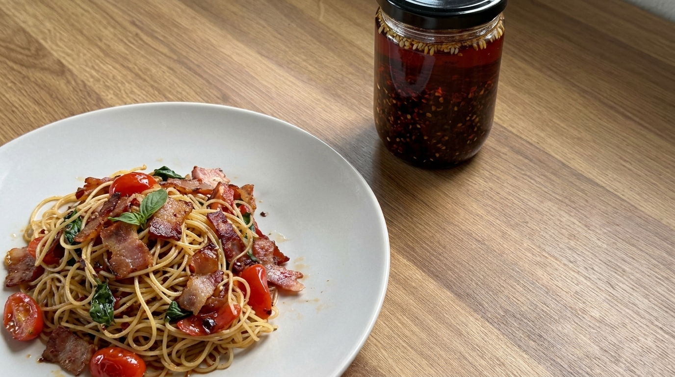 Spaghetti sauté aux lardons et huile pimentée