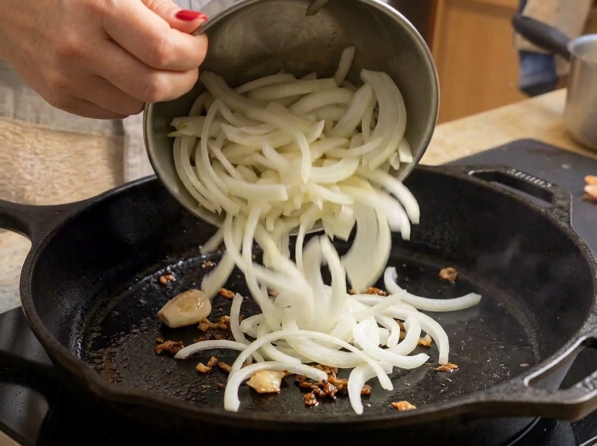 Tranches doignon ajoutées dans une poêle avec le bacon, prêtes à être sautées.