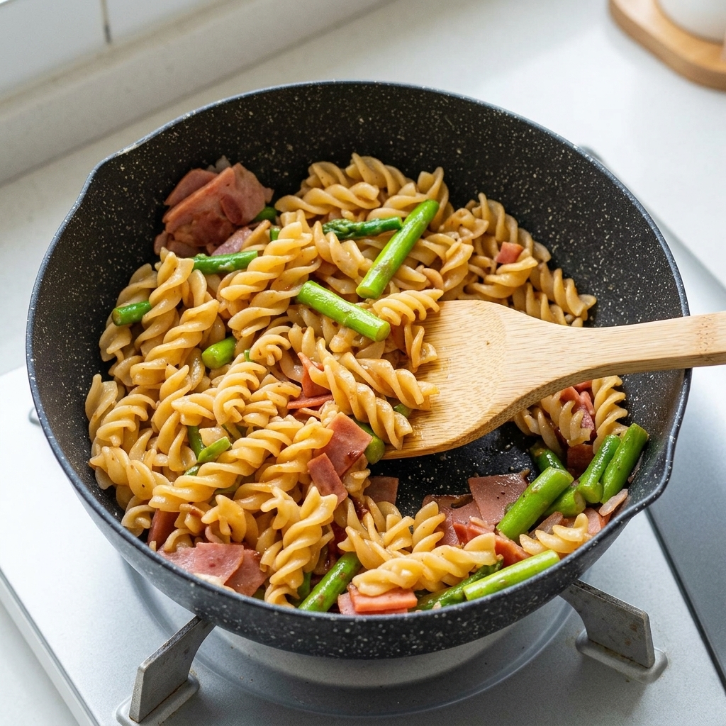 Une spatule en bois mélangeant les pâtes, le bacon et les asperges dans une poêle.