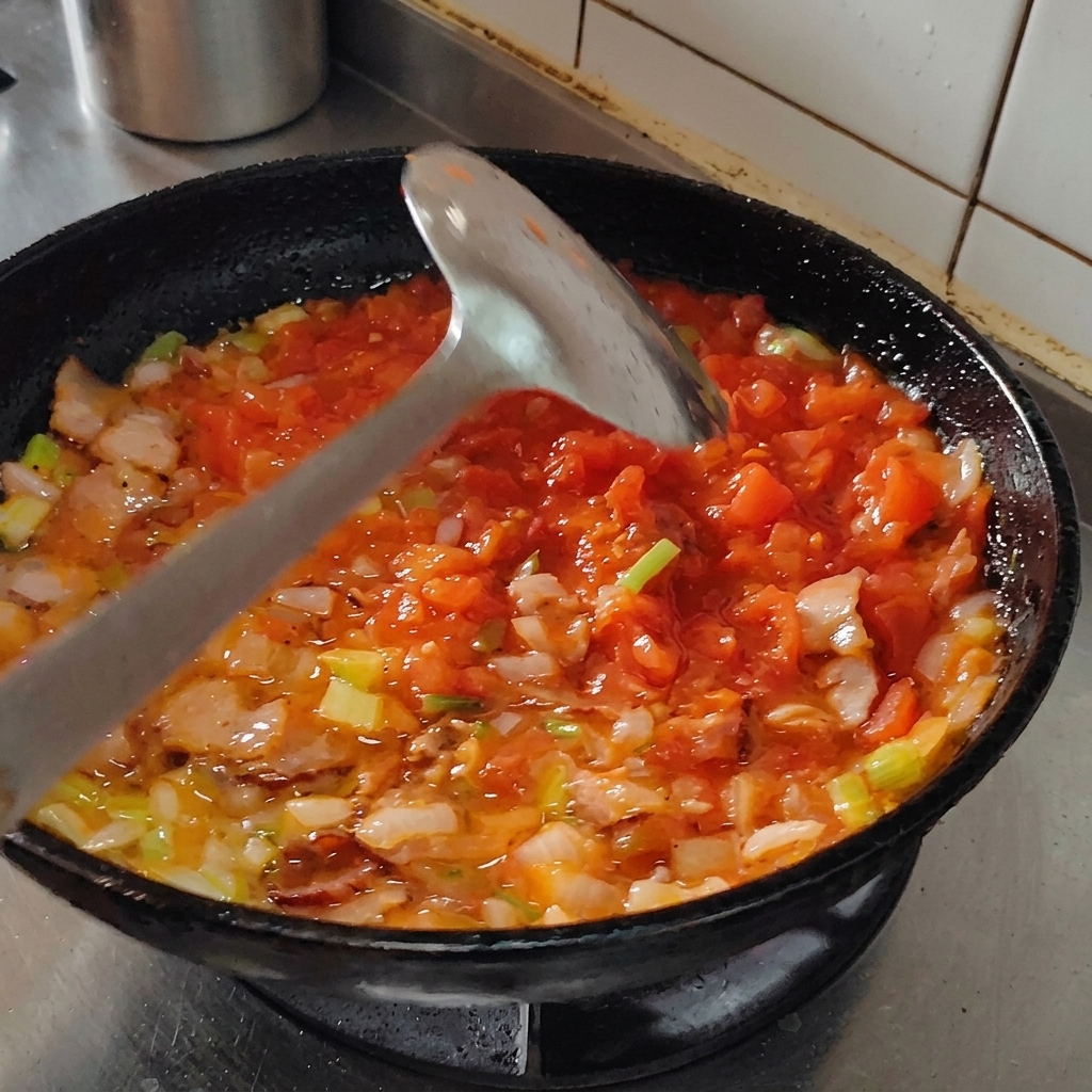 Du poivre noir saupoudré sur la sauce tomate qui mijote dans la poêle.