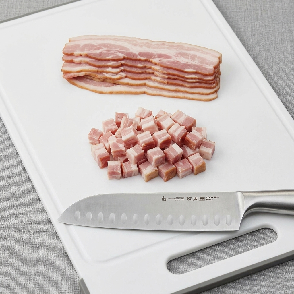 Tranches de bacon coupées en petits dés uniformes sur une planche.