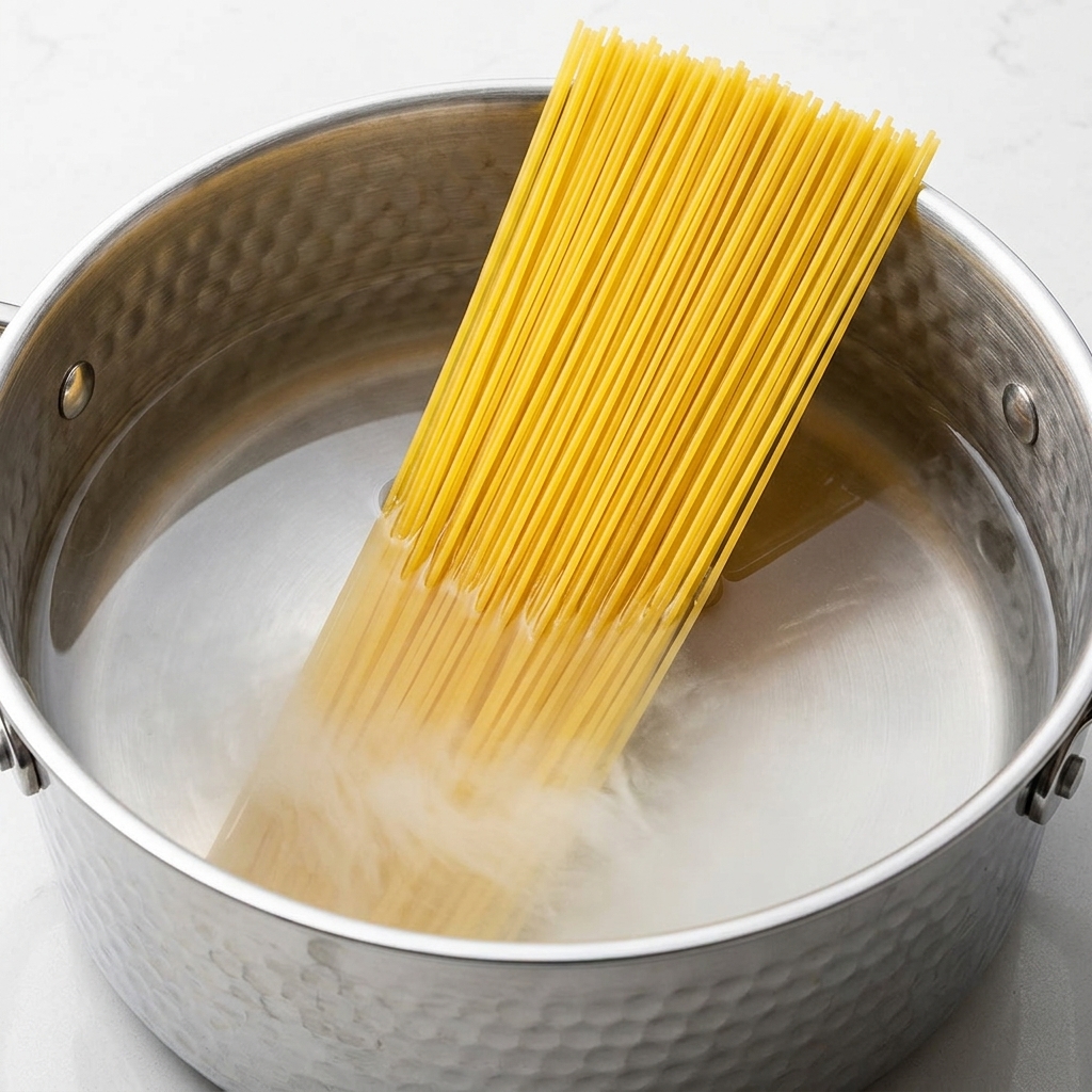 Spaghettis plongeant dans une grande casserole deau bouillante.