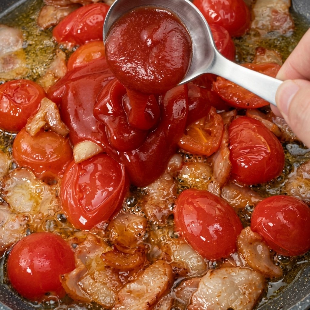 Sauce tomate rouge versée dans la poêle avec le bacon et les tomates.