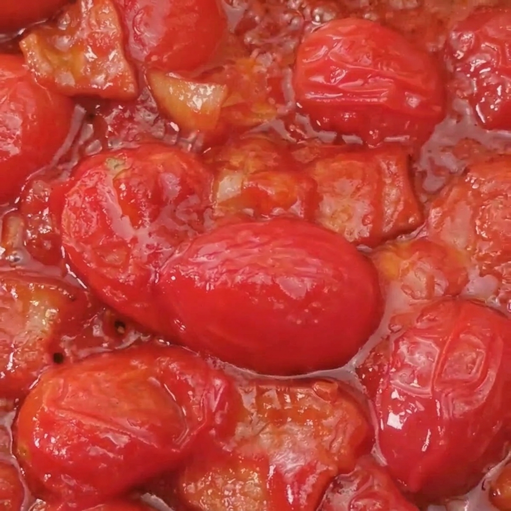 Spaghettis mélangés à la sauce tomate onctueuse dans la poêle.