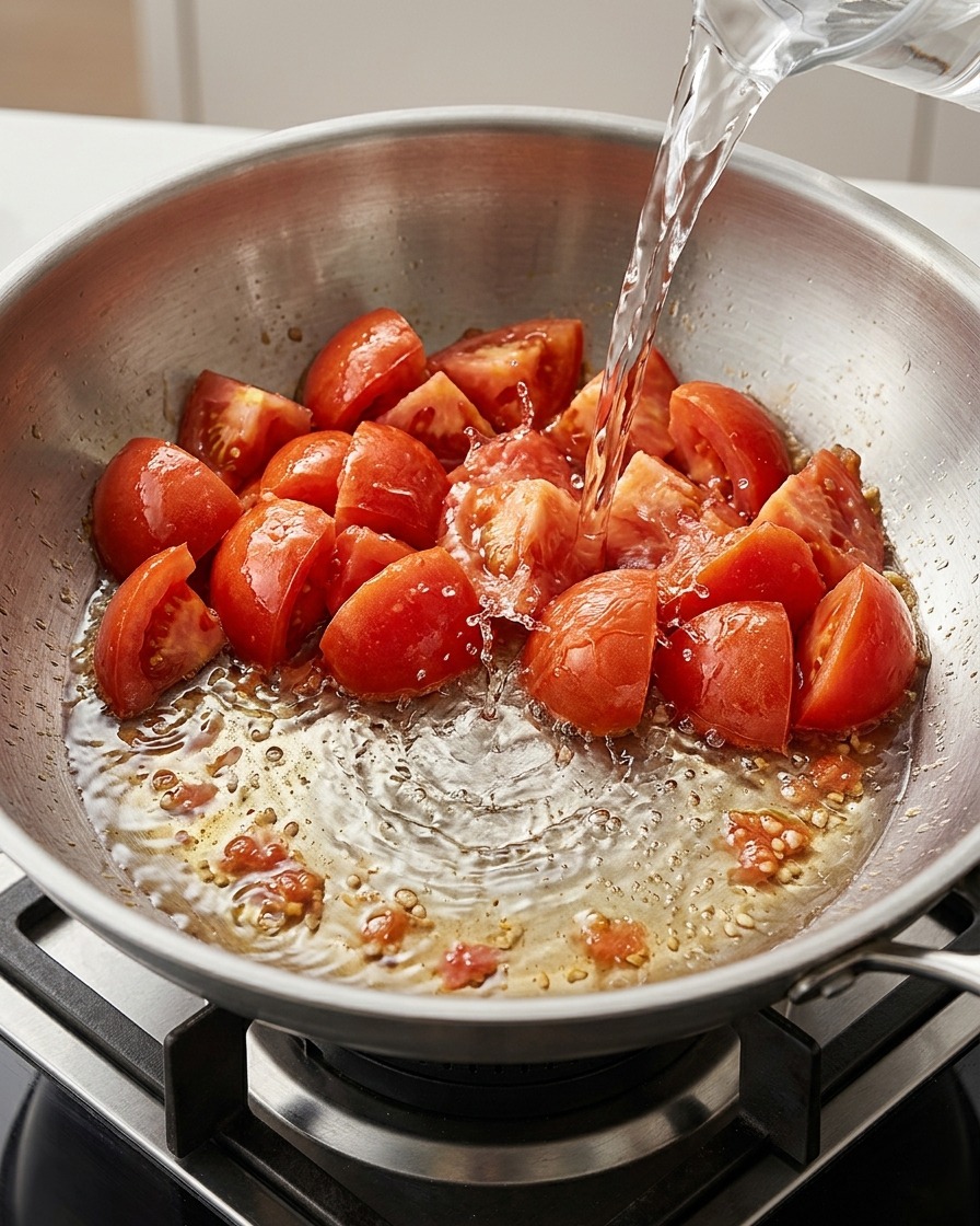 Eau versée dans la poêle sur les tomates.