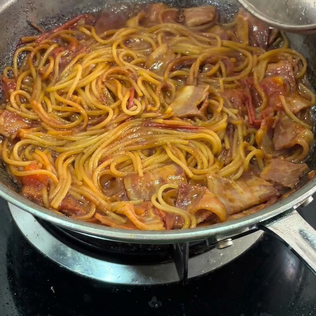 Spaghettis finis mélangés à la sauce tomate et bacon.