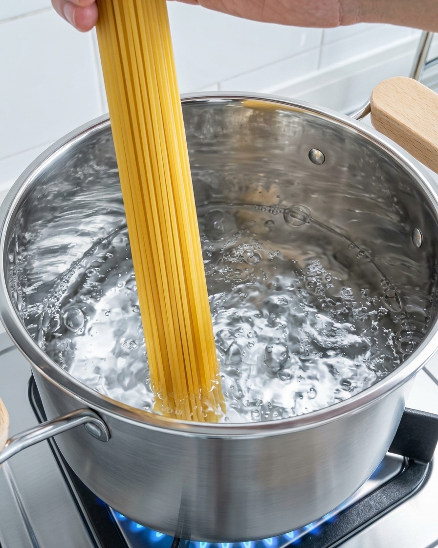 Spaghettis en train de cuire dans une grande casserole deau bouillante.