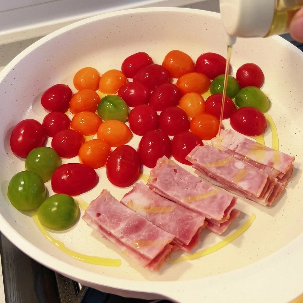 Huile dolive versée sur les tomates et le bacon dans une poêle.