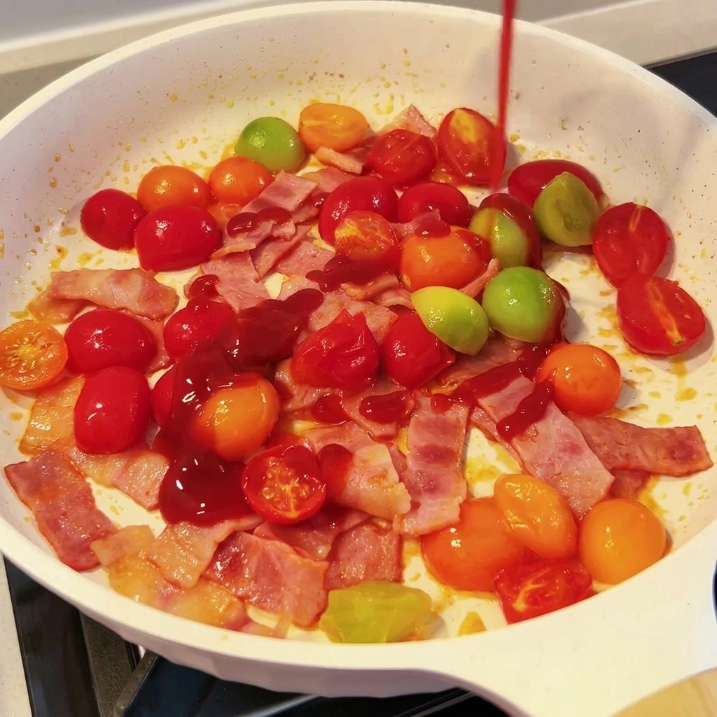 Sauce tomate ajoutée dans la poêle avec les autres ingrédients.