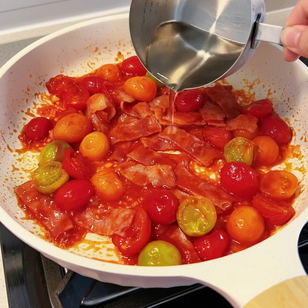 Eau ajoutée dans la poêle pour se mélanger aux ingrédients de la sauce.
