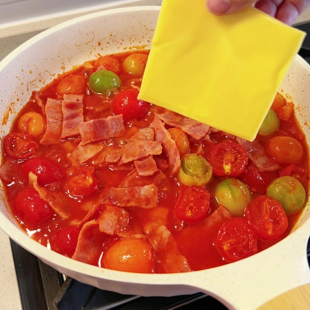Tranche de fromage fondu incorporée dans une base de sauce tomate rouge vif avec des éclats de bacon croustillant.