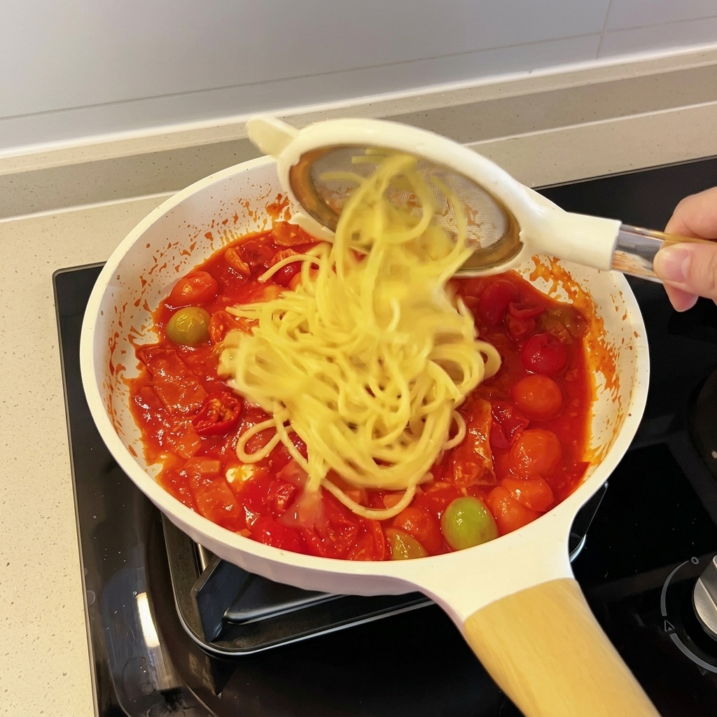 Spaghettis ajoutés dans la poêle contenant une sauce tomate rouge vif avec bacon et fromage fondu.