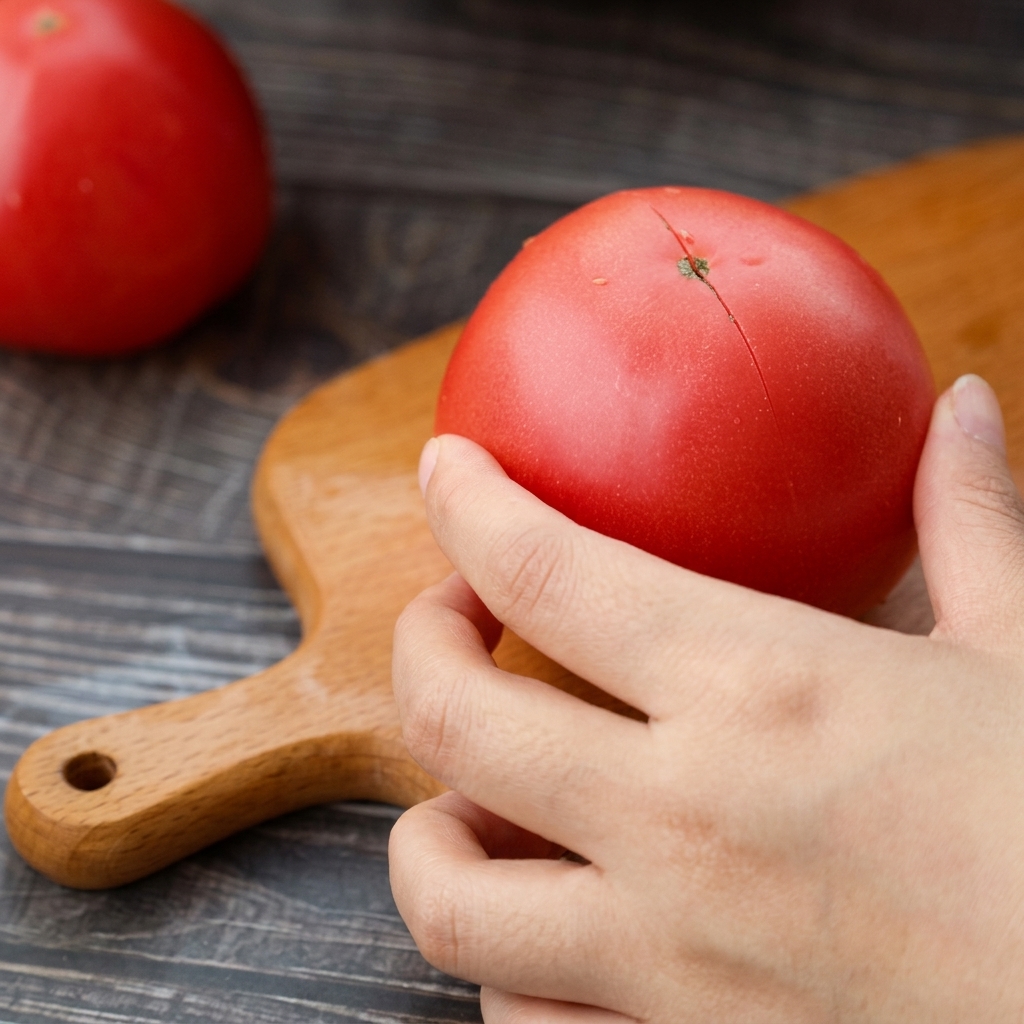 Gros plan sur une tomate rouge avec une incision en croix sur le sommet.