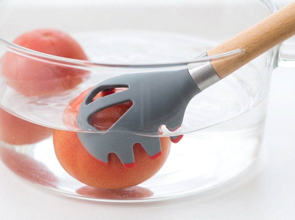 Tomates incisées plongées dans une casserole deau bouillante.