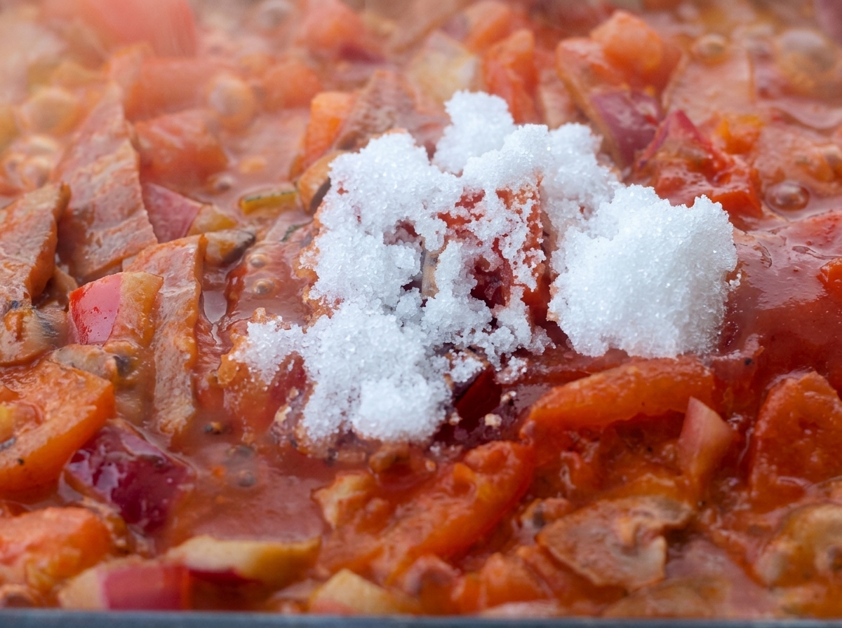 Ajout dune cuillerée de sucre dans la sauce tomate mijotante.