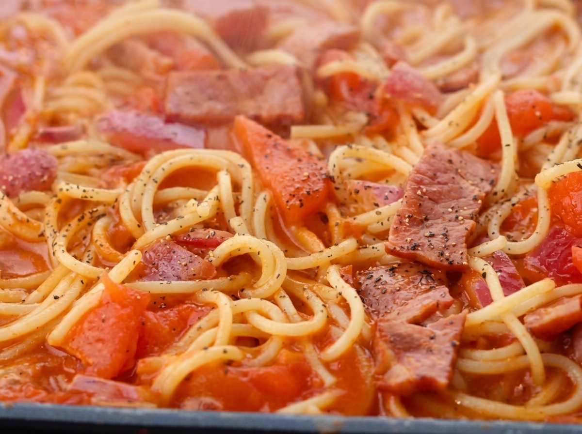 Spaghettis mélangés à la sauce et poivrés dans une poêle.