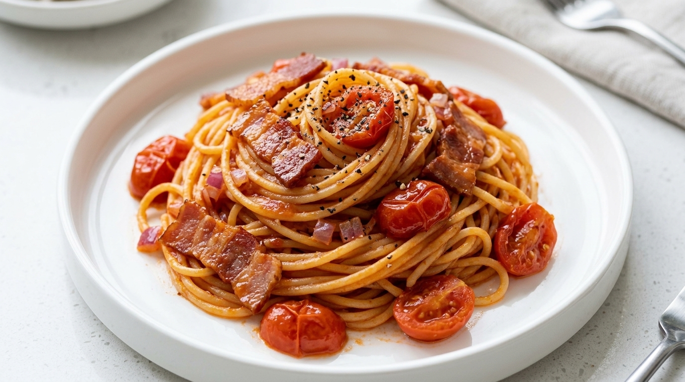 Une assiette vibrante de spaghettis à la tomate et au bacon, nappés dune sauce brillante et savoureuse.