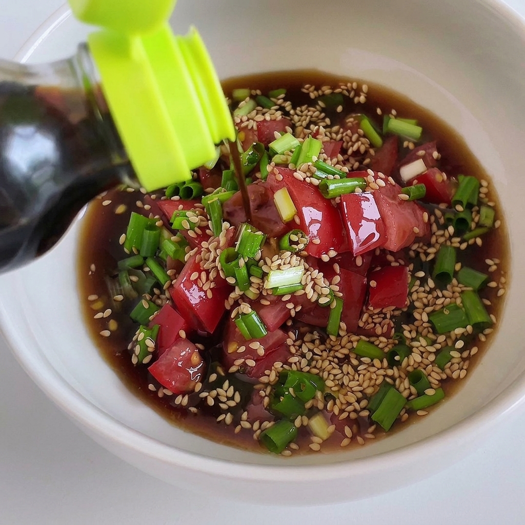 On verse la sauce ponzu dans un bol avec les tomates, les oignons nouveaux et le sésame.