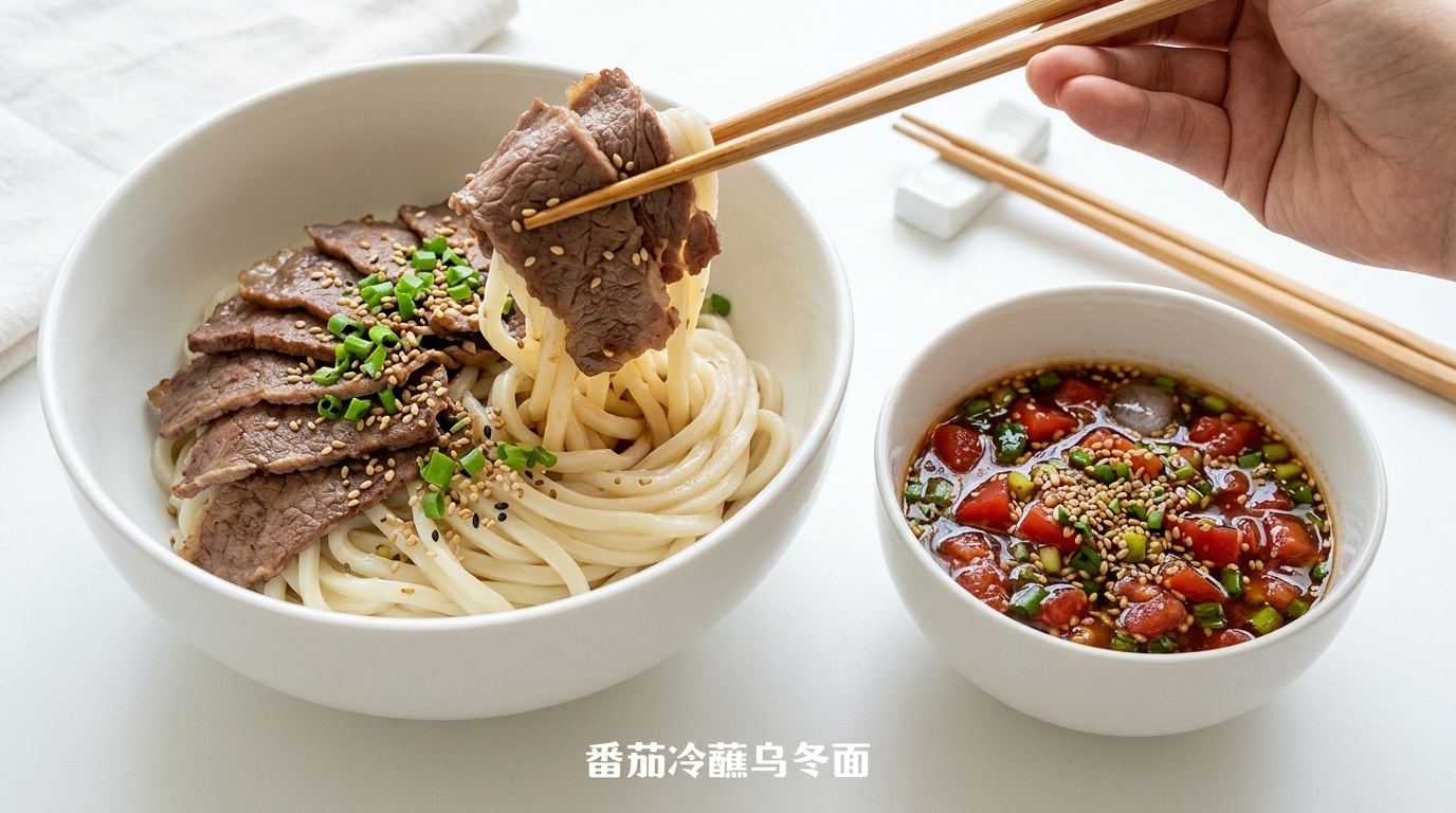 Un bol dudon rafraîchis, garnis de bœuf tendre et doignons nouveaux, accompagnés dune sauce tomate au ponzu.